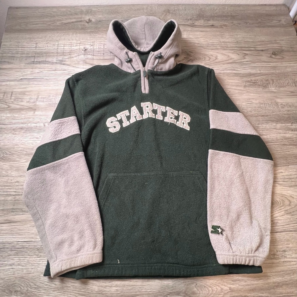 Starter Fleece Hoodie Mens Small Green Gray Quarter Zip Colorblock Pullover